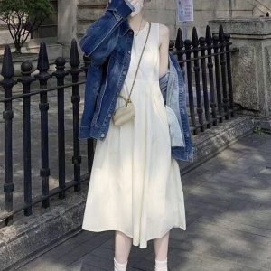 2025 Summer French Romantic Waist-Defined Sleeveless Fairy Long Dress for Petite Sizes - Elegant White Floral Style