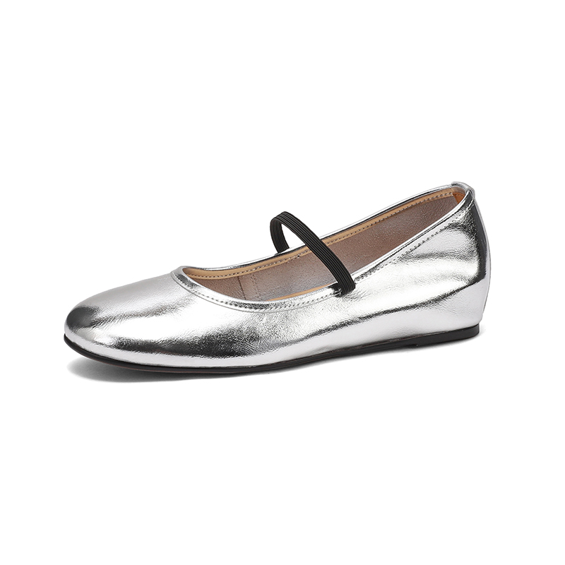 2025 Summer Genuine Leather Flat Hidden Height Mary Jane Shoes for Women in Silver - Stylish Shallow Mouth Size 41