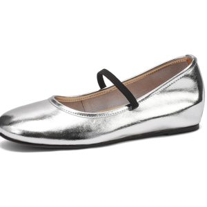 2025 Summer Genuine Leather Flat Hidden Height Mary Jane Shoes for Women in Silver - Stylish Shallow Mouth Size 41