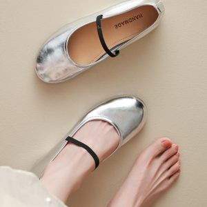 2025 Summer Genuine Leather Flat Hidden Height Mary Jane Shoes for Women in Silver - Stylish Shallow Mouth Size 41