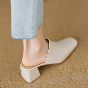 2025 Summer High Heel Chunky Slippers for Women - Square Toe Slip-On Half Slippers in Top Layer Cowhide for Outdoor Style
