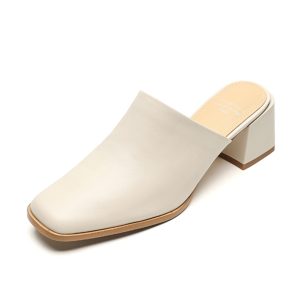 2025 Summer High Heel Chunky Slippers for Women - Square Toe Slip-On Half Slippers in Top Layer Cowhide for Outdoor Style