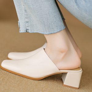 2025 Summer High Heel Chunky Slippers for Women - Square Toe Slip-On Half Slippers in Top Layer Cowhide for Outdoor Style
