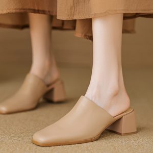 2025 Summer High Heel Chunky Slippers for Women - Square Toe Slip-On Half Slippers in Top Layer Cowhide for Outdoor Style