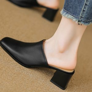 2025 Summer High Heel Chunky Slippers for Women - Square Toe Slip-On Half Slippers in Top Layer Cowhide for Outdoor Style