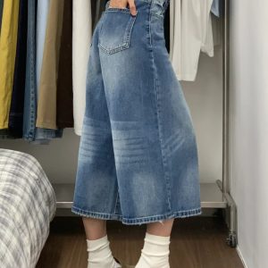 2025 Summer Plus Size American Retro Wide-Leg Jeans for Women - Loose Mid-Length Fashion Pants