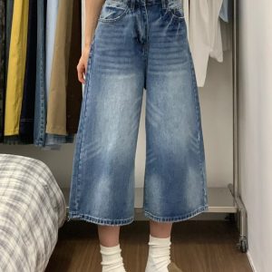 2025 Summer Plus Size American Retro Wide-Leg Jeans for Women - Loose Mid-Length Fashion Pants