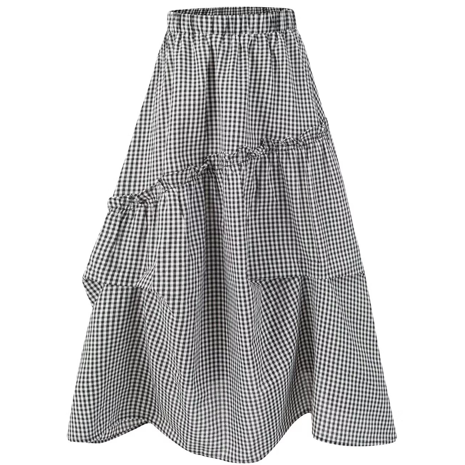 2025 Summer Ruffled Spliced Plaid Mid-Length Skirt with Elastic Waist for Women - Trendy Casual Fashion