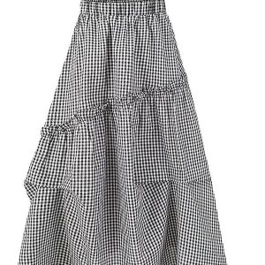 2025 Summer Ruffled Spliced Plaid Mid-Length Skirt with Elastic Waist for Women - Trendy Casual Fashion