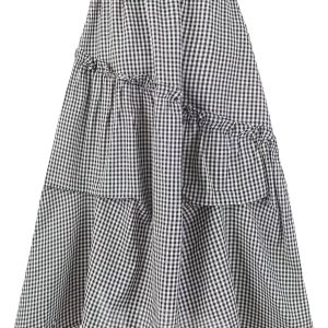 2025 Summer Ruffled Spliced Plaid Mid-Length Skirt with Elastic Waist for Women - Trendy Casual Fashion