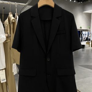 2025 Summer Thin Black Slim Short Sleeve Blazer Jacket for Women - Elegant Hepburn Style Formal Suit Jacket
