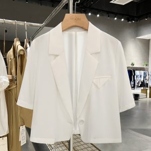 2025 Summer Thin White Loose Short Sleeve Blazer Jacket for Women, Casual Chic Short Suit Top, Trendy Lightweight Fashion