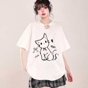 2025 Summer Women's Cartoon Cat Print Round Neck Short Sleeve T-Shirt, Casual Loose Tee, Trendy Y2K Style
