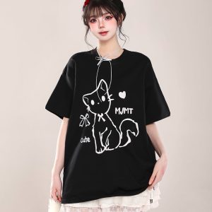 2025 Summer Women's Cartoon Cat Print Round Neck Short Sleeve T-Shirt, Casual Loose Tee, Trendy Y2K Style