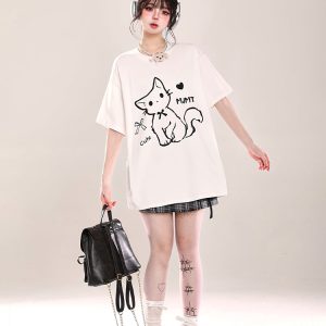 2025 Summer Women's Cartoon Cat Print Round Neck Short Sleeve T-Shirt, Casual Loose Tee, Trendy Y2K Style