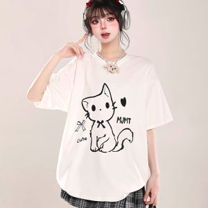 2025 Summer Women's Cartoon Cat Print Round Neck Short Sleeve T-Shirt, Casual Loose Tee, Trendy Y2K Style