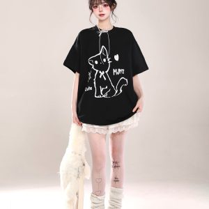 2025 Summer Women's Cartoon Cat Print Round Neck Short Sleeve T-Shirt, Casual Loose Tee, Trendy Y2K Style