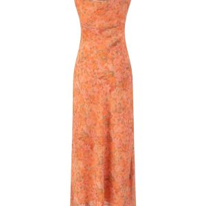 2025 Summer Women's Floral Spaghetti Strap Dress - French Style Vacation Long Orange Dress for Effortless Elegance
