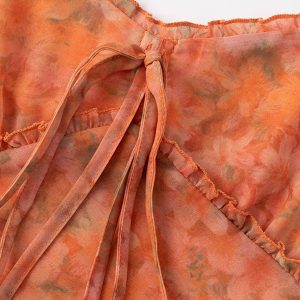 2025 Summer Women's Floral Spaghetti Strap Dress - French Style Vacation Long Orange Dress for Effortless Elegance