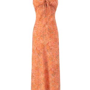 2025 Summer Women's Floral Spaghetti Strap Dress - French Style Vacation Long Orange Dress for Effortless Elegance