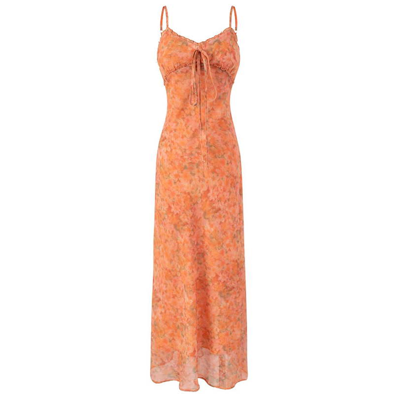 2025 Summer Women's Floral Spaghetti Strap Dress - French Style Vacation Long Orange Dress for Effortless Elegance