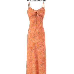 2025 Summer Women's Floral Spaghetti Strap Dress - French Style Vacation Long Orange Dress for Effortless Elegance