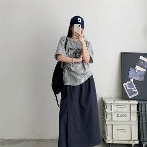 2025 Summer Women’s Gray Short-Sleeve T-Shirt with Sun Grapefruit Print, Loose Fit Drawstring Style, Trendy Niche Summer Top