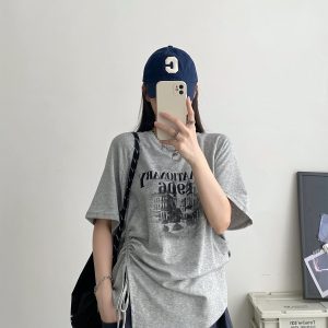 2025 Summer Women’s Gray Short-Sleeve T-Shirt with Sun Grapefruit Print, Loose Fit Drawstring Style, Trendy Niche Summer Top