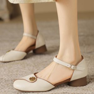 2025 Summer Women's Sheepskin Camellia Mid-Heel Chunky Square-Toe Hollow Buckle Closed-Toe Sandals - Y2K Style
