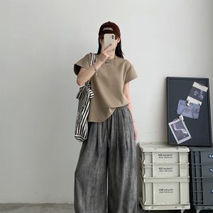 2025 Summer Women's Solid Color Short Sleeve T-Shirt with Small Flying Sleeves - Trendy Loose Slimming American Style