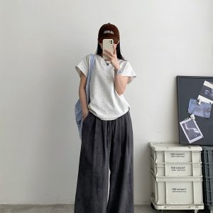 2025 Summer Women's Solid Color Short Sleeve T-Shirt with Small Flying Sleeves - Trendy Loose Slimming American Style