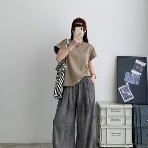 2025 Summer Women's Solid Color Short Sleeve T-Shirt with Small Flying Sleeves - Trendy Loose Slimming American Style