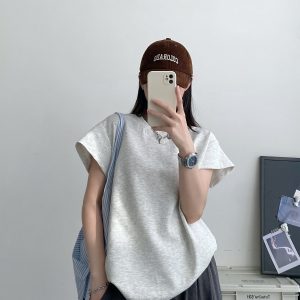 2025 Summer Women's Solid Color Short Sleeve T-Shirt with Small Flying Sleeves - Trendy Loose Slimming American Style