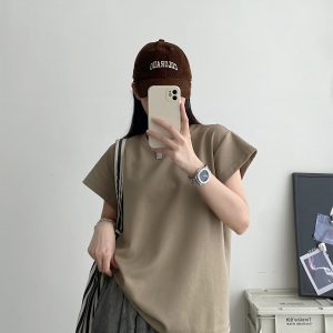 2025 Summer Women's Solid Color Short Sleeve T-Shirt with Small Flying Sleeves - Trendy Loose Slimming American Style