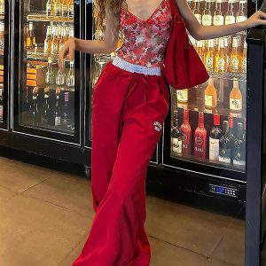 2025 Women's American Style Spliced Faux Two-Piece Wide-Leg Loose Straight Work Pants in Red