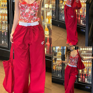 2025 Women's American Style Spliced Faux Two-Piece Wide-Leg Loose Straight Work Pants in Red