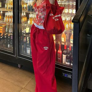 2025 Women's American Style Spliced Faux Two-Piece Wide-Leg Loose Straight Work Pants in Red