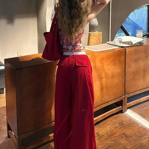 2025 Women's American Style Spliced Faux Two-Piece Wide-Leg Loose Straight Work Pants in Red