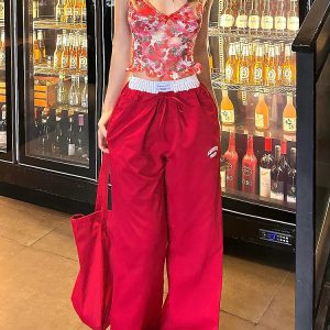 2025 Women's American Style Spliced Faux Two-Piece Wide-Leg Loose Straight Work Pants in Red