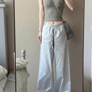 2025 Women's Blue Striped Wide-Leg Pants - American Style Casual Floor-Length Loose Straight-Leg Trousers for Spicy Girl Vibe