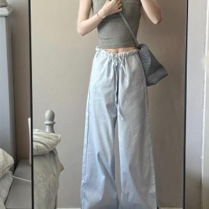 2025 Women's Blue Striped Wide-Leg Pants - American Style Casual Floor-Length Loose Straight-Leg Trousers for Spicy Girl Vibe