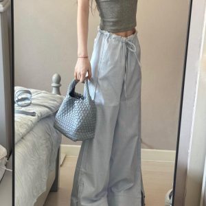 2025 Women's Blue Striped Wide-Leg Pants - American Style Casual Floor-Length Loose Straight-Leg Trousers for Spicy Girl Vibe