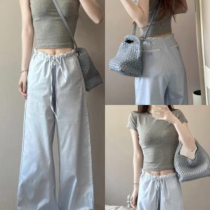 2025 Women's Blue Striped Wide-Leg Pants - American Style Casual Floor-Length Loose Straight-Leg Trousers for Spicy Girl Vibe