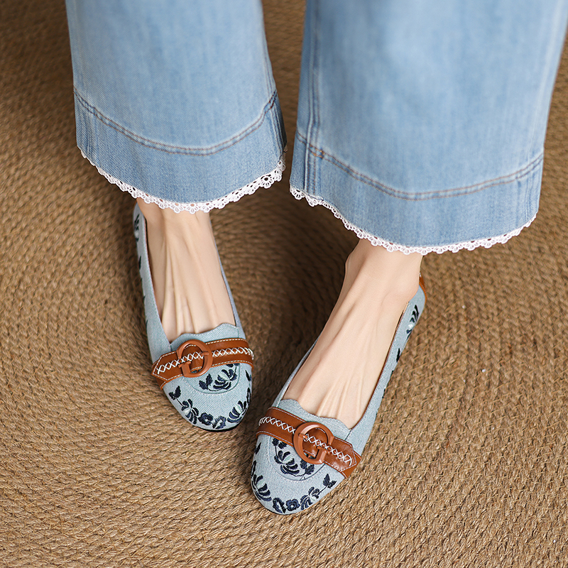 2025 Women's Color Block Canvas Slip-On Flats with Embroidery - Comfortable Round Toe Casual Footwear