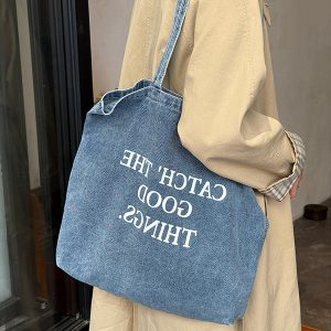 2025 Women's Large Capacity Denim Canvas Tote Bag, Casual Versatile Shoulder Bag in Trendy Style