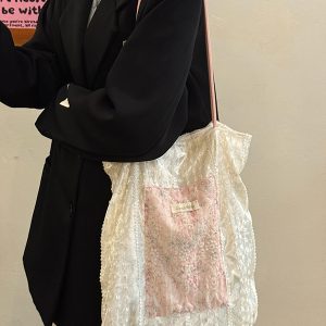 2025 Women's Pearl Luster Lace Canvas Bag - Large Capacity Commuter Tote Shoulder Bag for Students