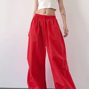 2025 Women's Red Cargo Pants - American Style Loose Parachute Pants, Slimming Drape, Hip-Hop Casual Sportswear