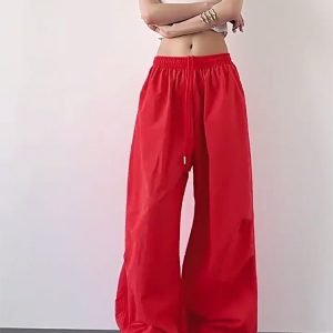 2025 Women's Red Cargo Pants - American Style Loose Parachute Pants, Slimming Drape, Hip-Hop Casual Sportswear