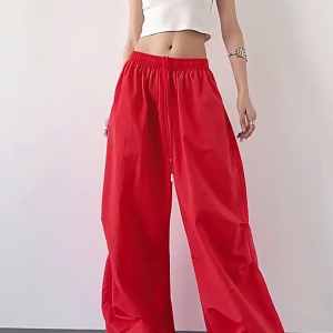 2025 Women's Red Cargo Pants - American Style Loose Parachute Pants, Slimming Drape, Hip-Hop Casual Sportswear