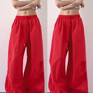 2025 Women's Red Cargo Pants - American Style Loose Parachute Pants, Slimming Drape, Hip-Hop Casual Sportswear